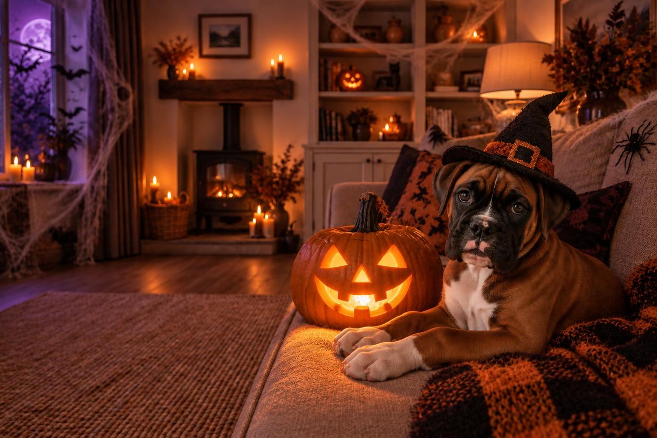 Sidney the boxer in a witch's hat beside a glowing pumpkin
